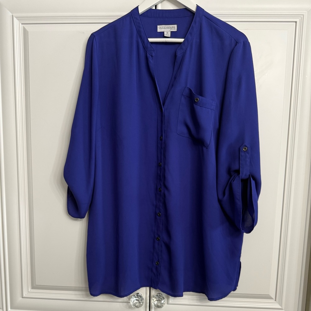 Queenspark Plus Sz 16 Royal Blue Henley Style Collar Button Up Roll Tab Sleeves